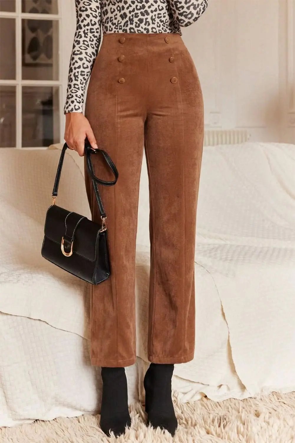 Chestnut Solid Color Double Breasted Straight Leg Pants - Love Salve